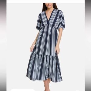 Taylor V-Neck Dolman Sleeve Smocked Midi Dress in Navy